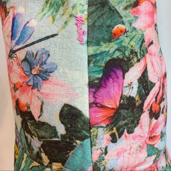 RARE MISS SIXTY floral tropical butterfly asymmetrical ruffle hem miniskirt Sz S - Picture 7 of 13